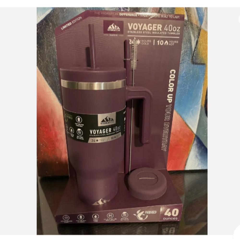 Hydrapeak Voyager 40oz Tumbler Handle Box Set Straw Lid Purple Midnight Plum